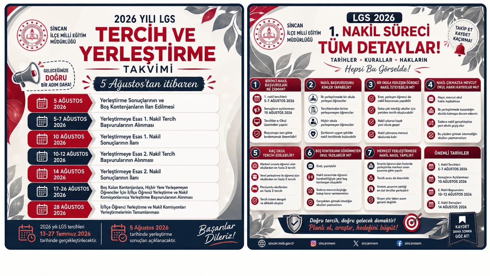 Sincan İlçe Millî Eğitim Müdürlüğünün 2026 LGS tercih, yerleştirme ve nakil takvimi infografiği